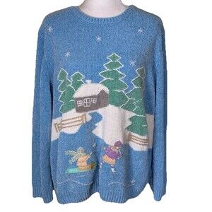 Vintage Women’s Winter Scene Cabin Snow Trees Sledding Ugly Christmas Sweater 2X